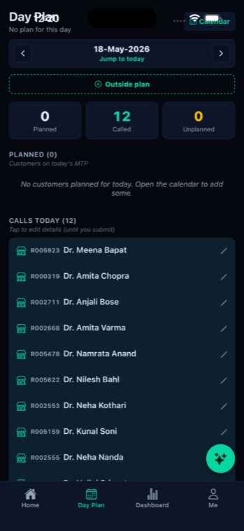SynovaFieldIQ app — day plan and calls