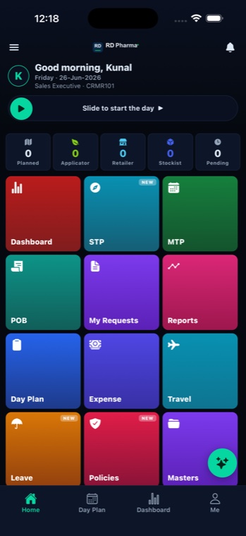 SynovaFieldIQ mobile app home — module tiles and start-the-day