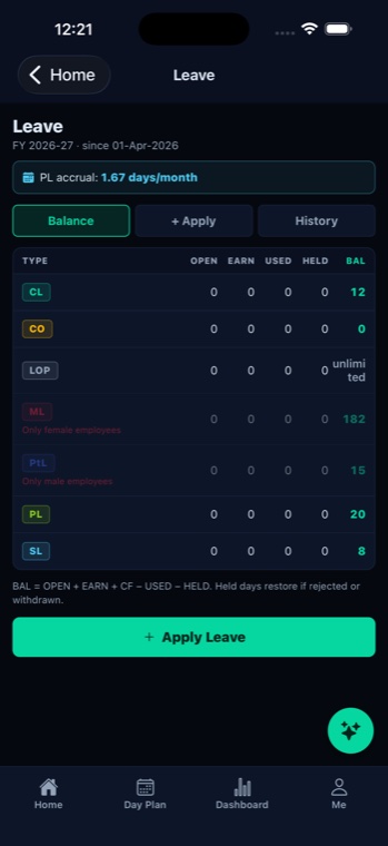 SynovaFieldIQ app — leave balances