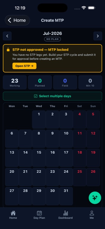 SynovaFieldIQ app — monthly tour plan